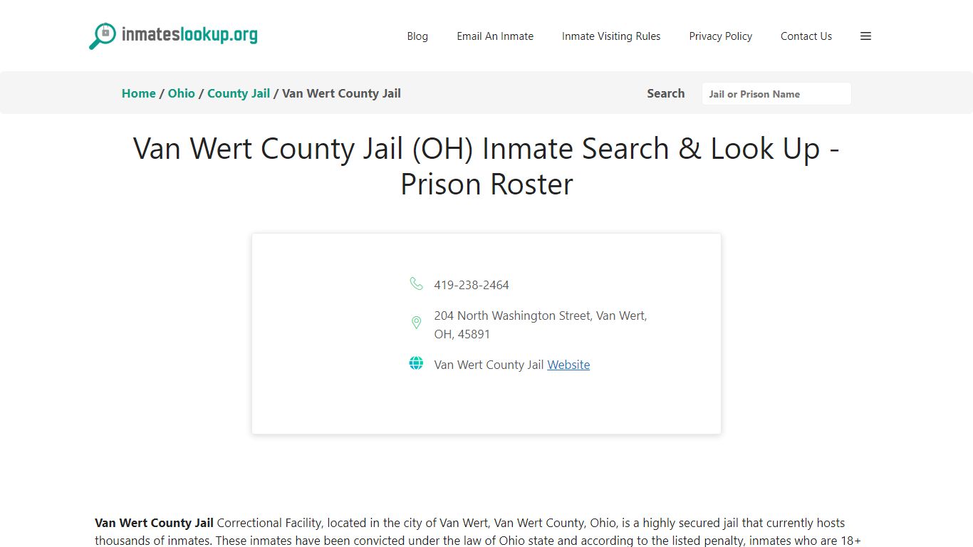 Van Wert County Jail (OH) Inmate Search & Look Up - Prison Roster